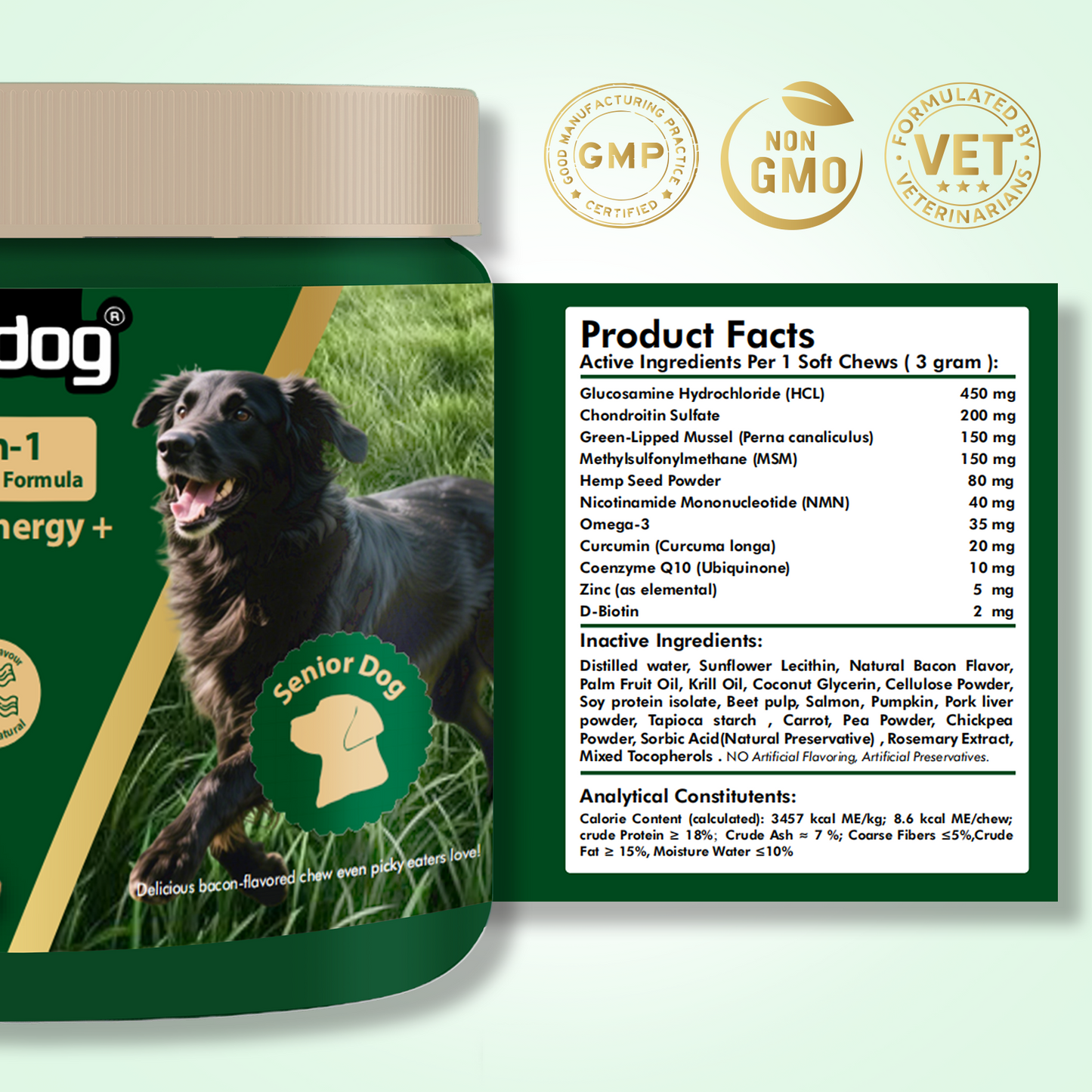 Nutridog Senior Dog Chews – NMN, Glucosamine & Omega-3 | Joint, Energy & Coat Support | 90 Soft Chews