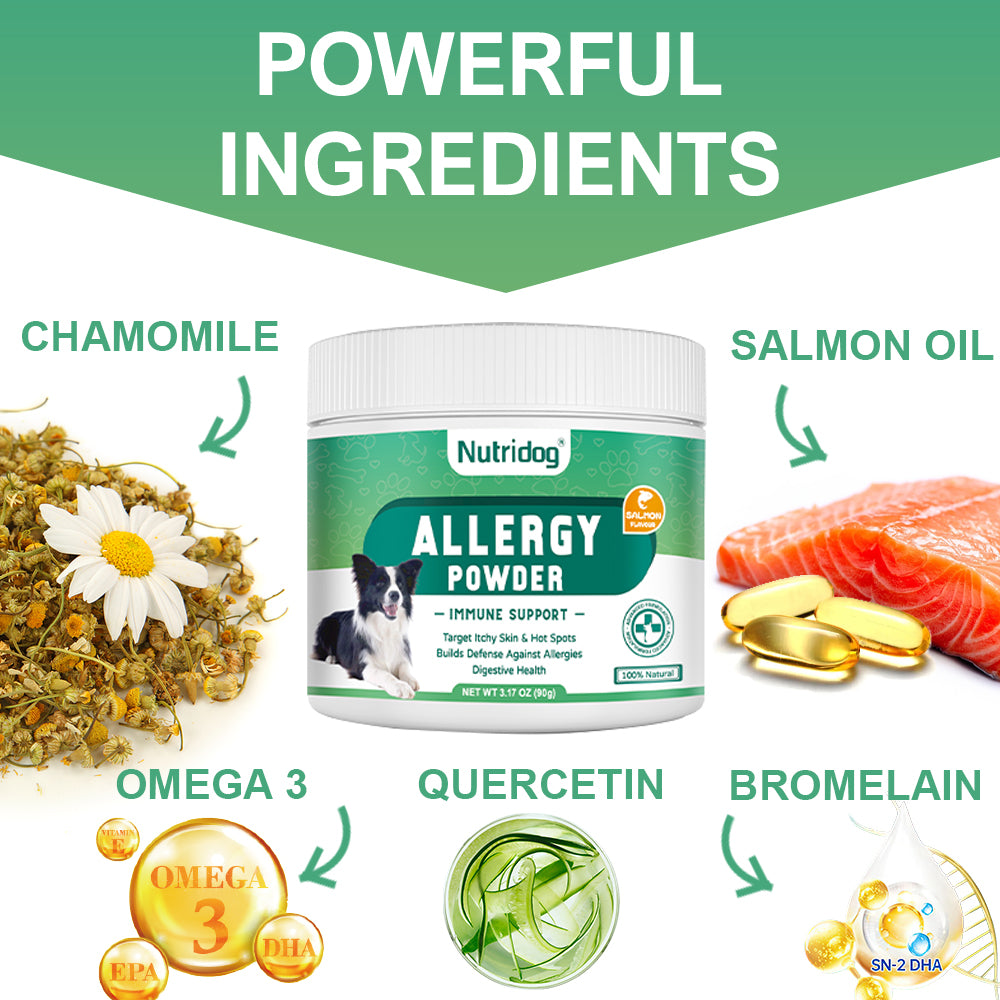 Allergy Powder for Dogs, 90g Salmon Flavor - Itch Relief & Immune Support with Probiotics, Quercetin & Salmon Oil | Vet-Approved Formula for Seasonal Allergies & Sensitive Skin (Salmon)