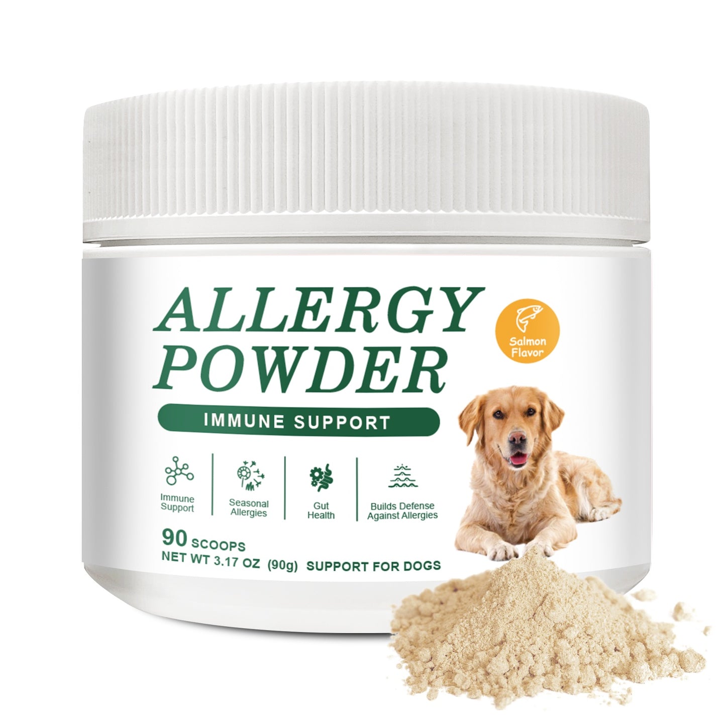 Allergy Powder for Dogs, 90g Salmon Flavor - Immune Support & Seasonal Allergy Relief with Gut Health Boost | Vet-Formulated for Allergies Defense & Overall Canine Wellness (Salmon)