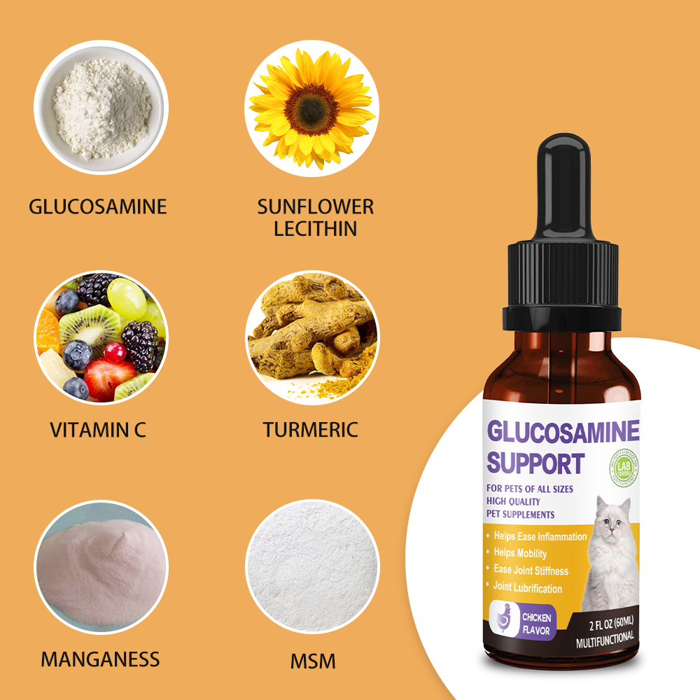 Glucosamine for Cats, Hip and Joint Support Supplement with MSM, Turmeric & Vitamin C - Chicken Flavor Liquid Joint Care Drops to Relieve Joint Pain, Reduce Inflammation & Improve Mobility, 2 FL OZ (60ML)
