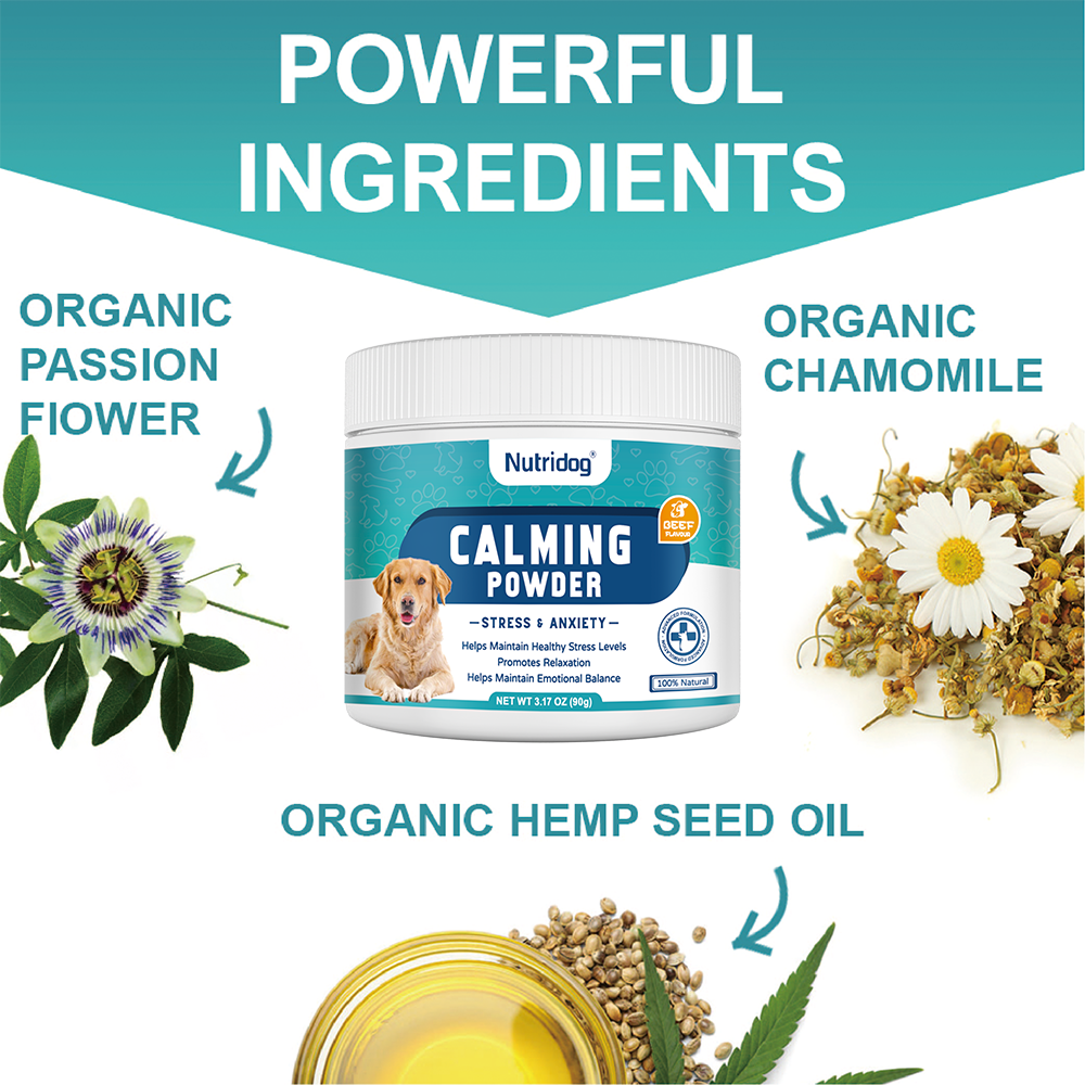 Calming Powder for Dogs - Anxiety & Stress Relief Supplement with Organic Hemp, Valerian Root - Behavioral Support, Fireworks & Travel Aid - Beef Flavor, 90g Powder