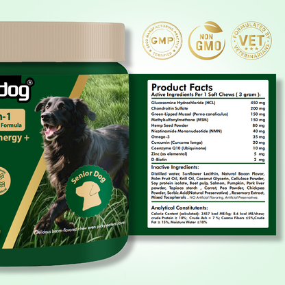 Nutridog Senior Dog Chews – NMN, Glucosamine & Omega-3 | Joint, Energy & Coat Support | 90 Soft Chews