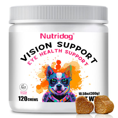 Nutridog Dog Eye Health Chews - 120 Salmon Flavor Soft Chews, Vision Support with Lutein & Bilberry, Antioxidant Protection for Puppies & Senior Dogs, Non-GMO Gluten-Free Human Grade