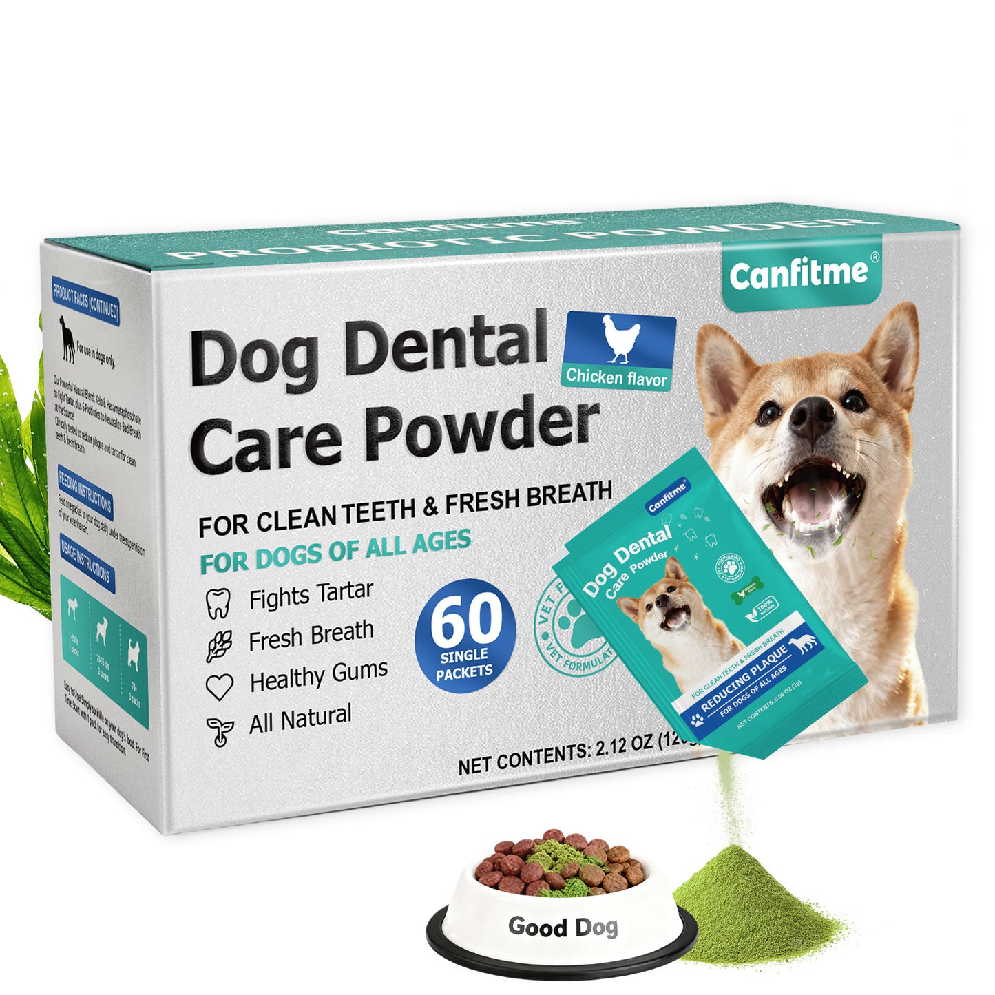 Dog Dental Powder for Teeth Cleaning, Dog Teeth Cleaning Powder for Dogs with Probiotic & Tartar Remover, Fresh Breath Support, No Brushing Oral Care, Chicken Flavor, 60ct