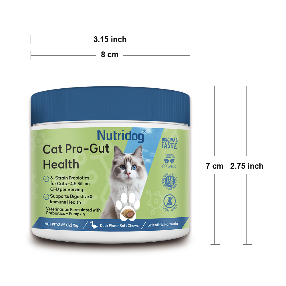 Nutridog Cat Probiotic for Digestive & Gut Health - 150 Dual Texture Crunchy & Creamy Bites - Relief for Constipation, Diarrhea & Sensitive Stomach with Prebiotics & Taurine for Kittens & Seniors