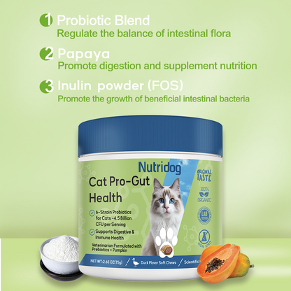Nutridog Cat Probiotic for Digestive & Gut Health - 150 Dual Texture Crunchy & Creamy Bites - Relief for Constipation, Diarrhea & Sensitive Stomach with Prebiotics & Taurine for Kittens & Seniors