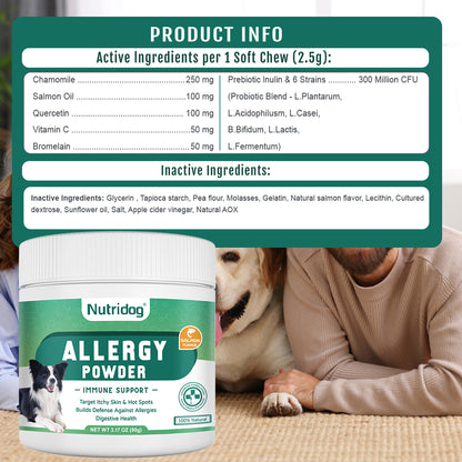 Allergy Powder for Dogs, 90g Salmon Flavor - Itch Relief & Immune Support with Probiotics, Quercetin & Salmon Oil | Vet-Approved Formula for Seasonal Allergies & Sensitive Skin (Salmon)