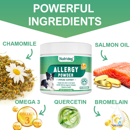 Allergy Powder for Dogs, 90g Salmon Flavor - Itch Relief & Immune Support with Probiotics, Quercetin & Salmon Oil | Vet-Approved Formula for Seasonal Allergies & Sensitive Skin (Salmon)