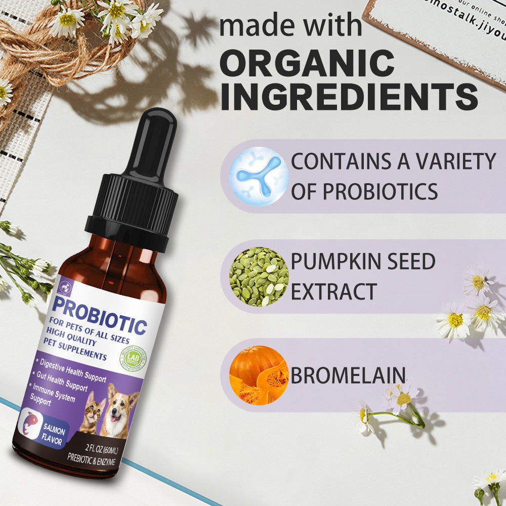 Probiotic Drops for Dogs and Cats, Salmon Flavor Pet Probiotics with Prebiotics & Digestive Enzymes, Supports Gut Health, Digestive Function & Immune System, Relieves Diarrhea & Constipation, Suitable for All Pets