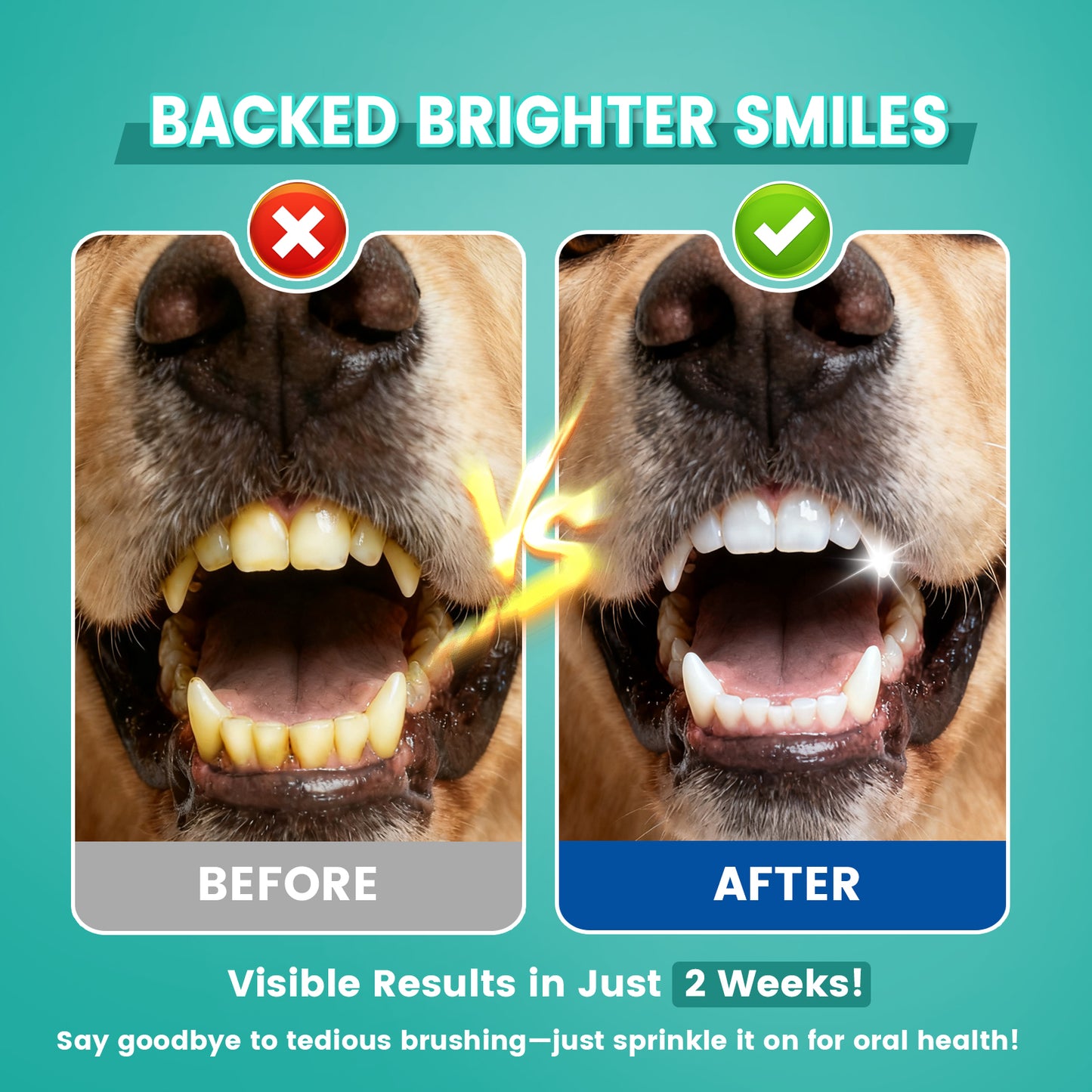 Dog Dental Powder for Teeth Cleaning, Dog Teeth Cleaning Powder for Dogs with Probiotic & Tartar Remover, Fresh Breath Support, No Brushing Oral Care, Chicken Flavor, 60ct