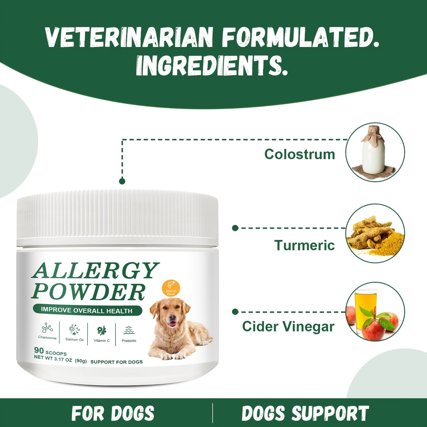 Allergy Powder for Dogs, 90g Salmon Flavor - Immune Support & Seasonal Allergy Relief with Gut Health Boost | Vet-Formulated for Allergies Defense & Overall Canine Wellness (Salmon)