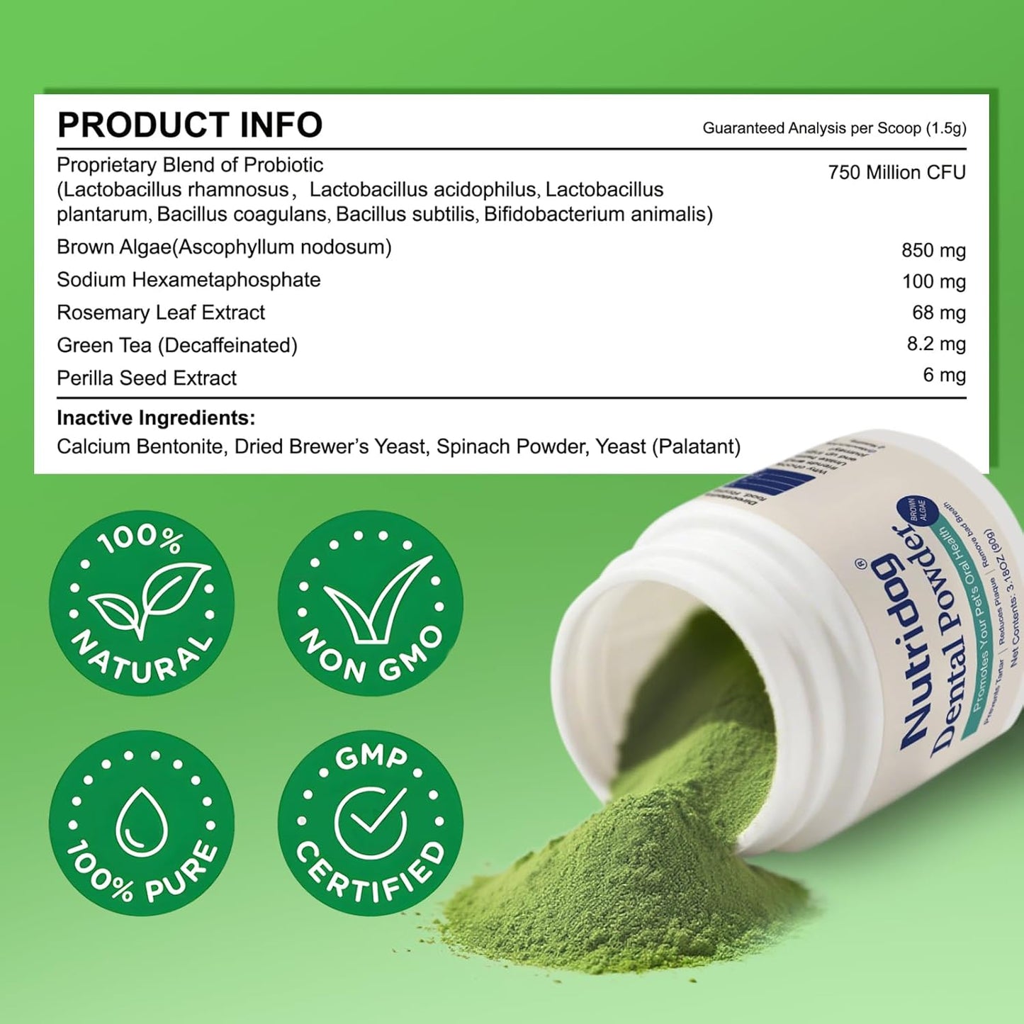 Dog Teeth Cleaning Powder,Dog Dental Powder,Breath Freshener with Probiotics & Brown Algae-Targets Tartar & Plaque Remover & Bad Breath,90g Pet Dental Care Supplement for Dogs & Cats