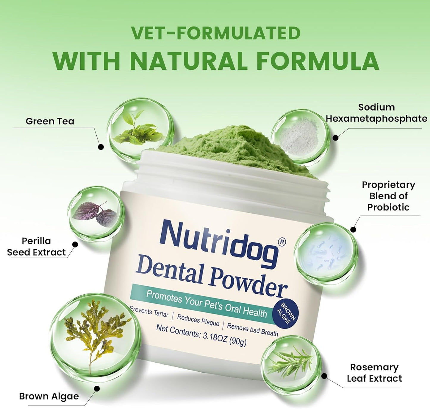 Dog Teeth Cleaning Powder,Dog Dental Powder,Breath Freshener with Probiotics & Brown Algae-Targets Tartar & Plaque Remover & Bad Breath,90g Pet Dental Care Supplement for Dogs & Cats