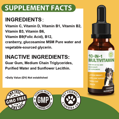 Dog Multivitamin Drops, 10 in 1 Multivitamin Liquid for Dogs with Vitamin C, Vitamin D & B-Complex, Dog Health Supplements for Skin & Coat Care, Joints & Hips, Gut & Immune Support