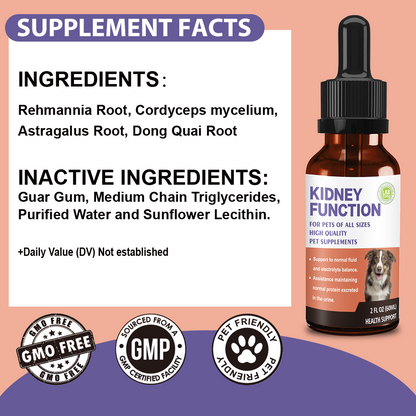 Pet Kidney Function Support Drops - Natural Kidney Health Supplement for Dogs & Cats of All Sizes, Supports Normal Fluid & Electrolyte Balance, Maintains Healthy Protein Excretion in Urine (2 FL OZ)