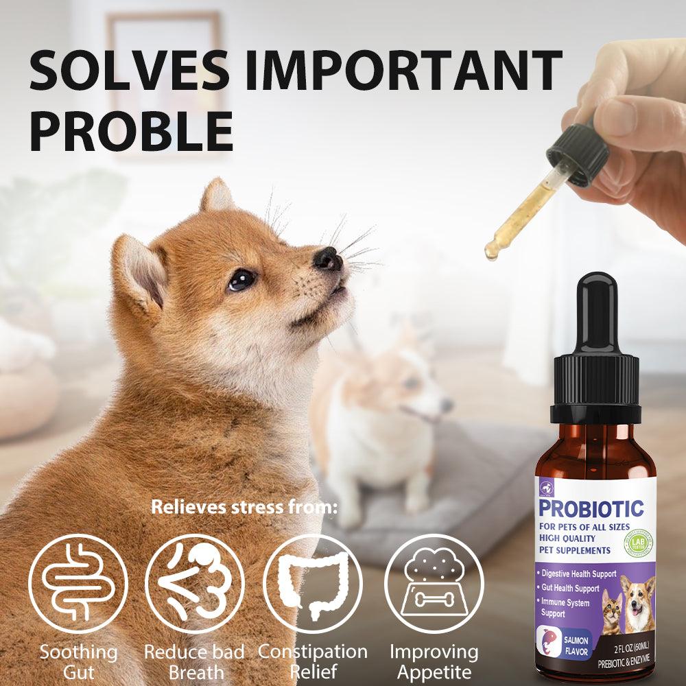 Probiotic Drops for Dogs and Cats, Salmon Flavor Pet Probiotics with Prebiotics & Digestive Enzymes, Supports Gut Health, Digestive Function & Immune System, Relieves Diarrhea & Constipation, Suitable for All Pets