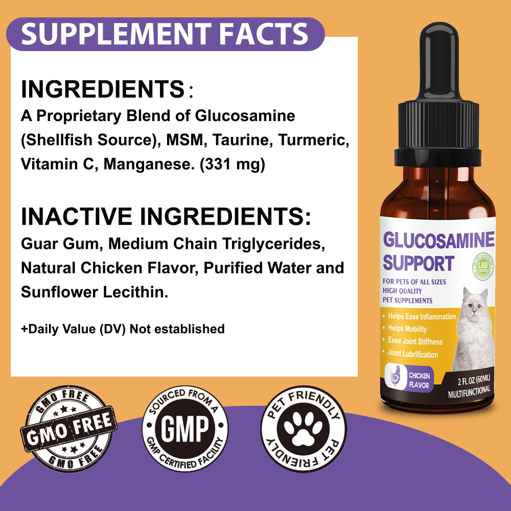 Glucosamine for Cats, Hip and Joint Support Supplement with MSM, Turmeric & Vitamin C - Chicken Flavor Liquid Joint Care Drops to Relieve Joint Pain, Reduce Inflammation & Improve Mobility, 2 FL OZ (60ML)
