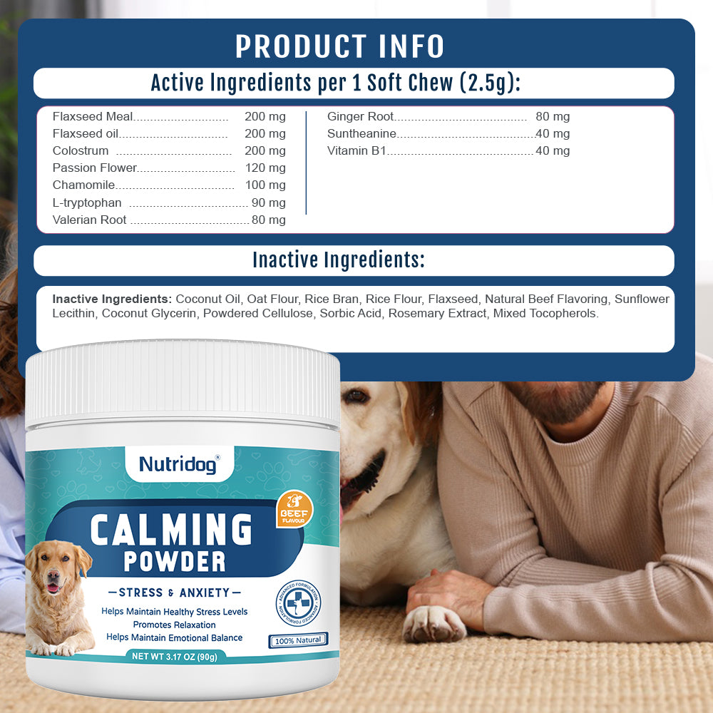 Calming Powder for Dogs - Anxiety & Stress Relief Supplement with Organic Hemp, Valerian Root - Behavioral Support, Fireworks & Travel Aid - Beef Flavor, 90g Powder